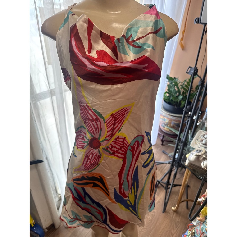Luxxel Floral Satin Cowl Neck Open Back Mini Dress Small Multi Color Tropical